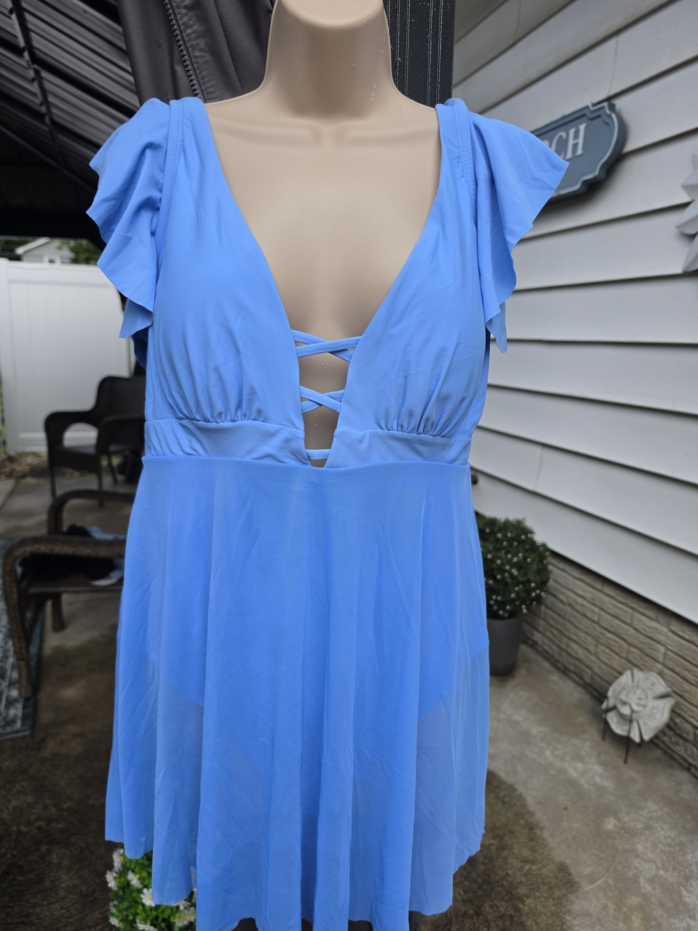 Blue Flutter Sleeve V-Neck Swim Dress